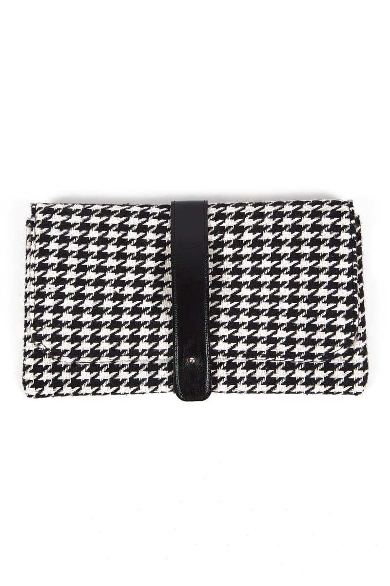Black Houndstooth Print PU Leather Tab Patchwork Wallet Clutch Bag