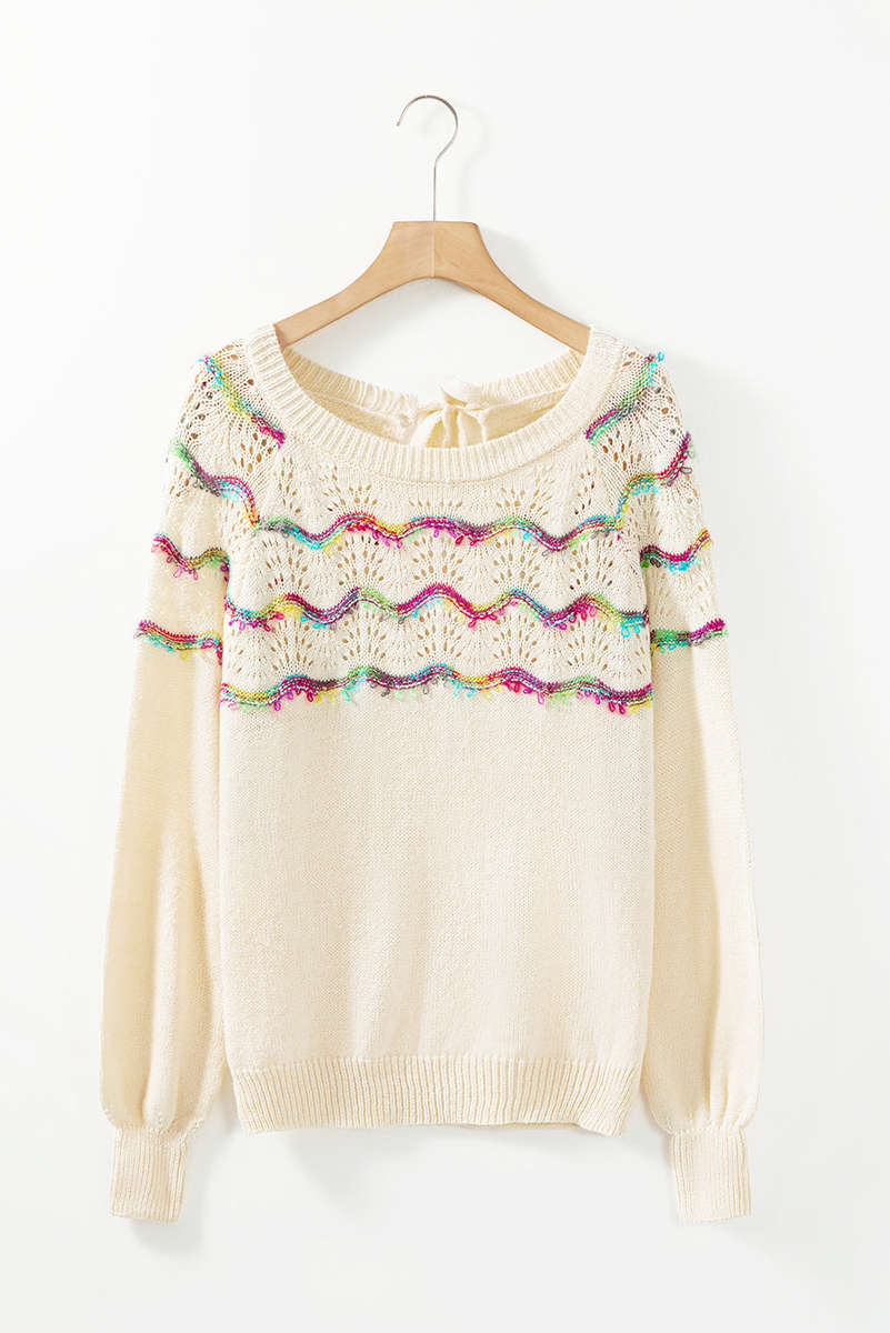 White Wavy Striped Pointelle Bishop Sleeve Sweater