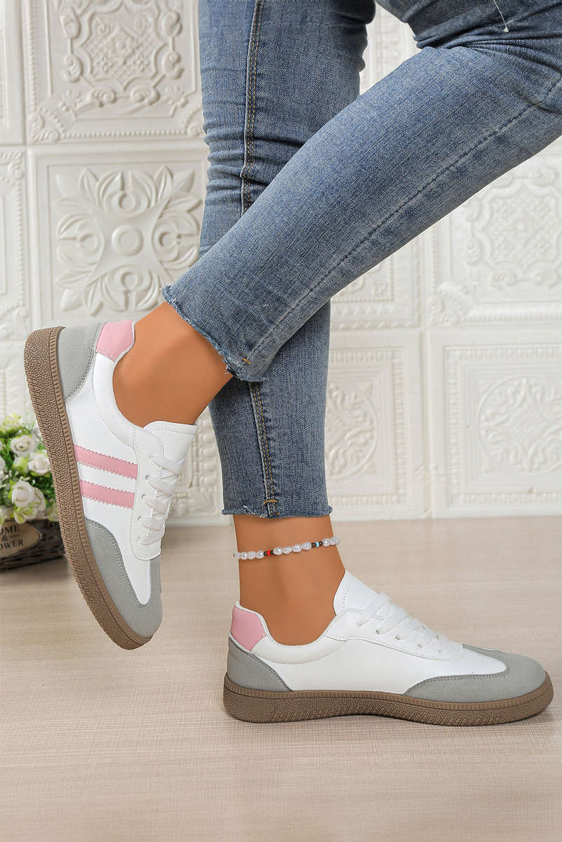 Pink Color Block PU Leather Patchwork Lace Up Flat Shoes