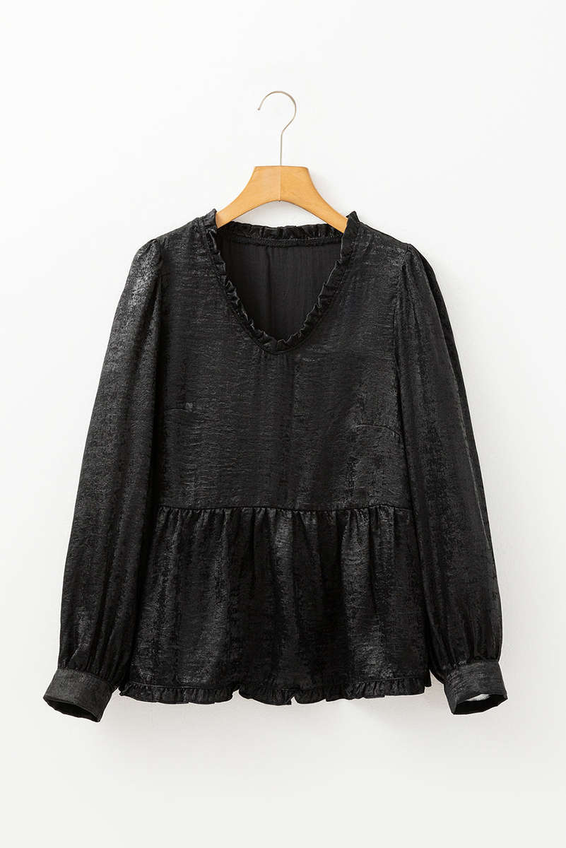 Black Metallic Frilled V Neck Puff Sleeve Babydoll Blouse