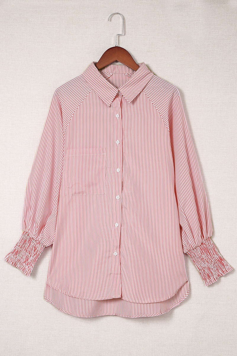 Red Stripe Smocked Cuffed Striped Boyfriend Shirt with Pocket