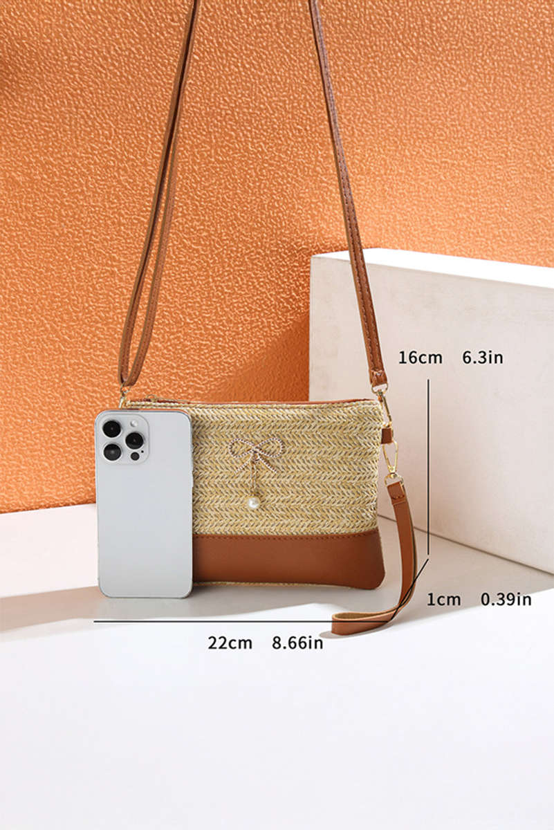 Beige Bow Pearl Decor Straw PU Leather Patched Crossbody Bag