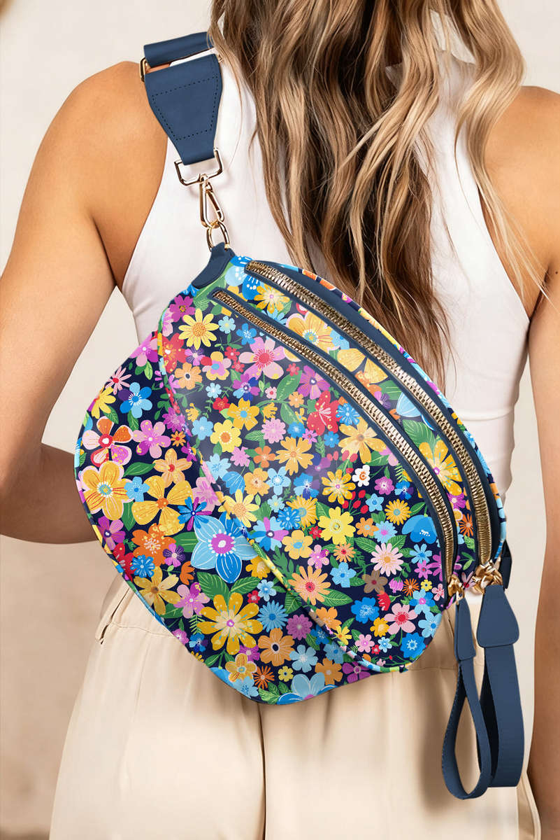 Black Floral Printed Double Zip Crossbody Bag