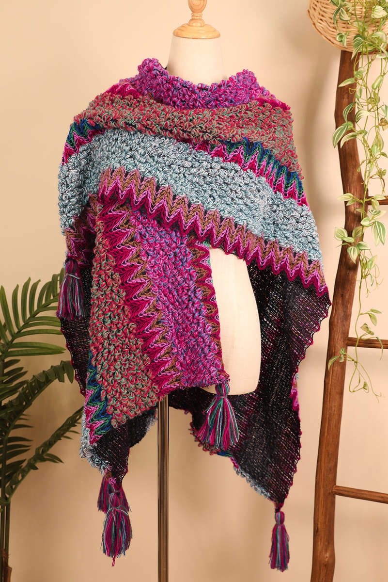 Rose Red Ethnic Knit Shawl Wrap Cape Sweater Thickened Tassel Poncho Cloak
