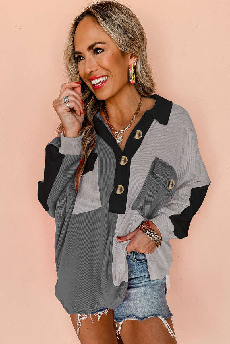 Gray Colorblock Ribbed Collared Oversized Sweatshirt
