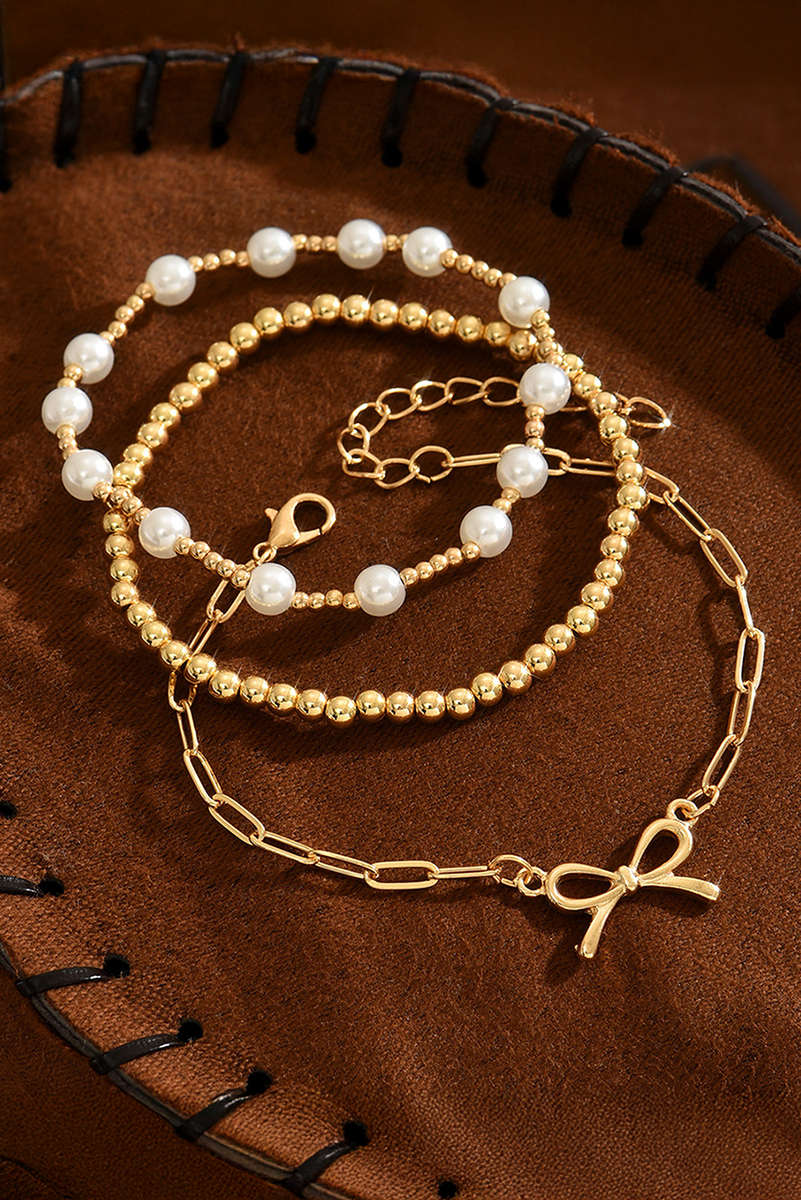 Gold Bow Chain Link Pearl Beaded Multi Layer Bracelet