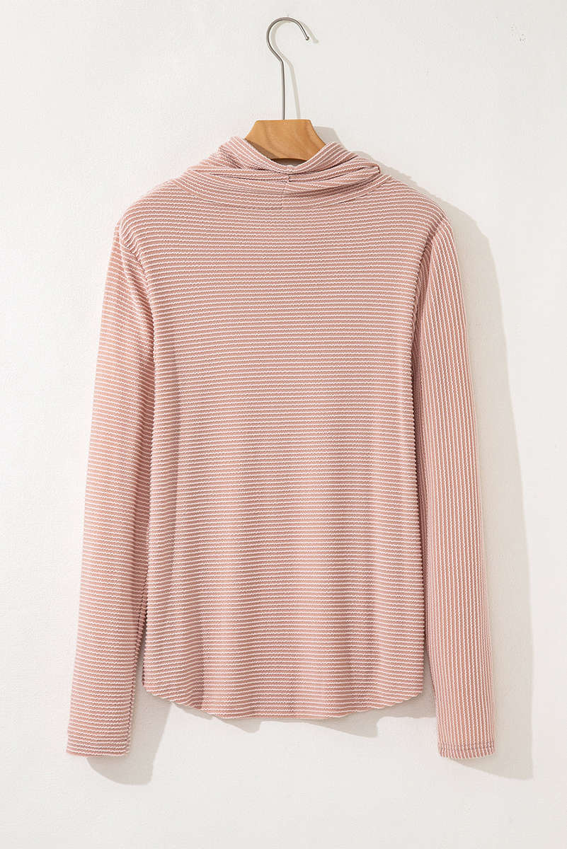 Pale Chestnut Horizontal Twist Ribbed Drawstring Cowl Neck Knit Top