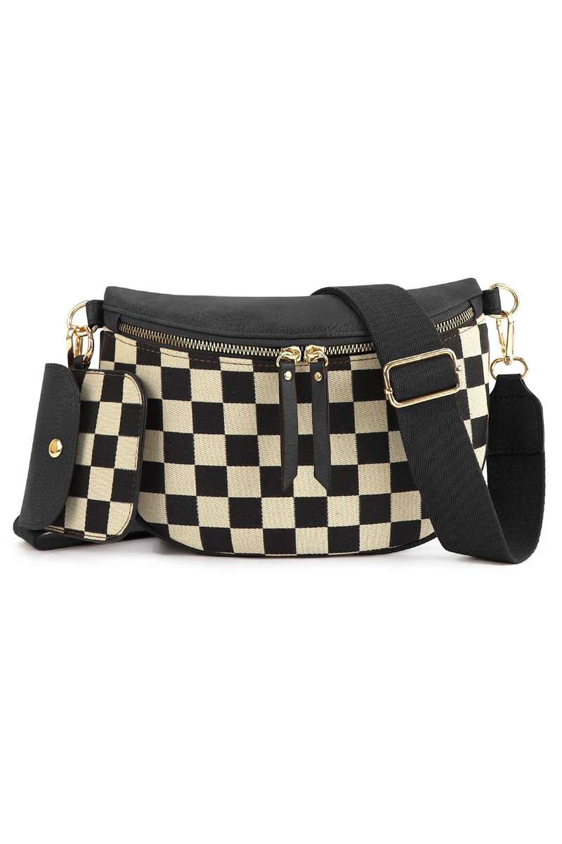 Black PU Leather Checkered Knit Patchwork Wallet Attached Shoulder Bag
