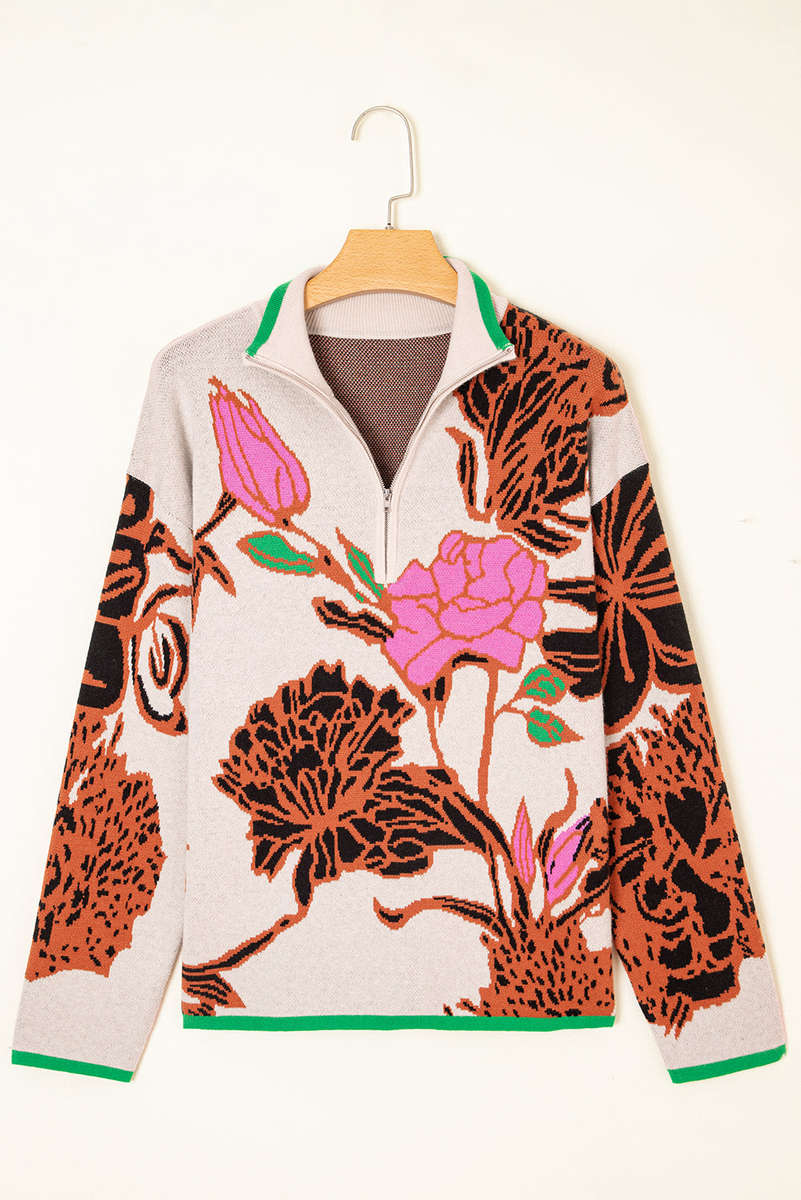 Khaki Floral Pattern Knit Quarter Zip Stand Neck Sweater