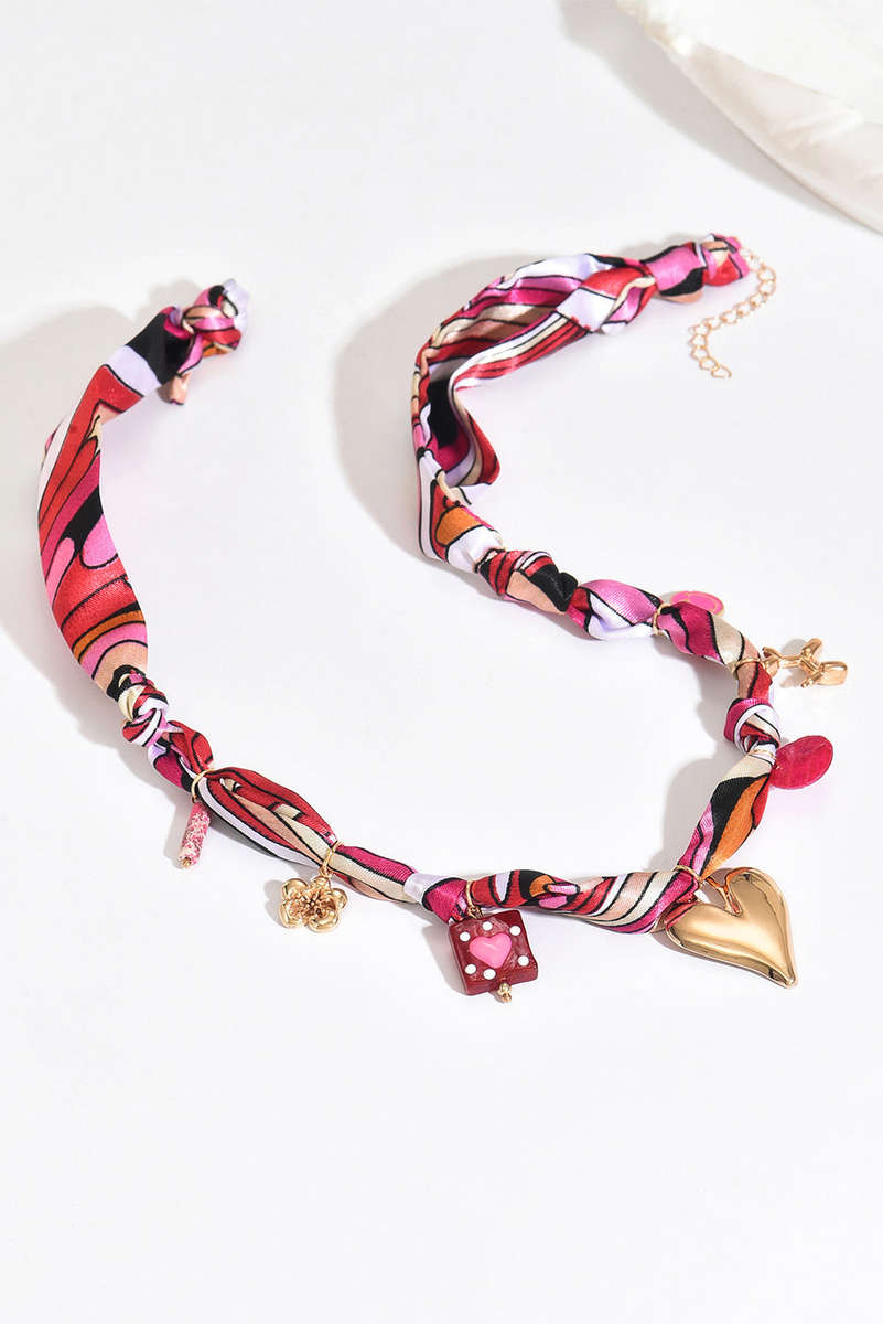 Strawberry Pink Valentines Multi Detail Knot Scarf Necklace