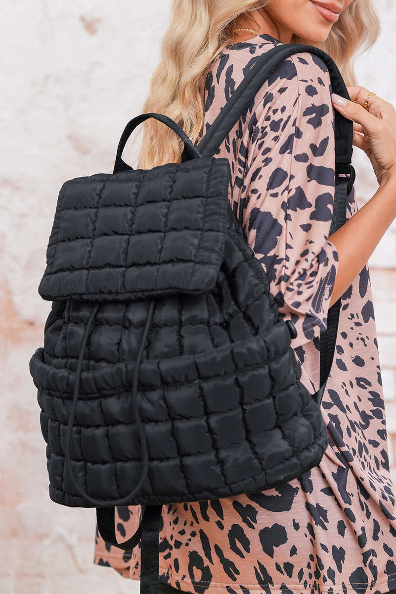 Black Solid Flapped Quilted Puffer Backpack
