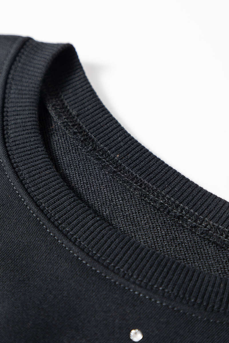 Black Rhinestone Embellished Drop Shoulder Ribbed Cuffs Wholesale Sweatshirt