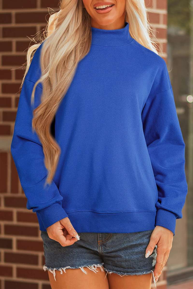 Dark Blue Solid Color Oversized Mock Neck Sweatshirt