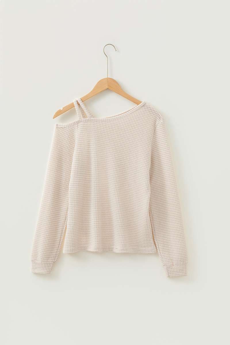 Jet Stream Solid Color Textured Knit Asymmetric Shoulder Long Sleeve Top