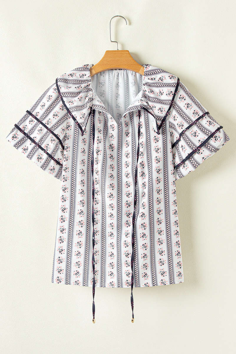White Floral Ruffled Collar Short Puff Sleeve Printed Blouse