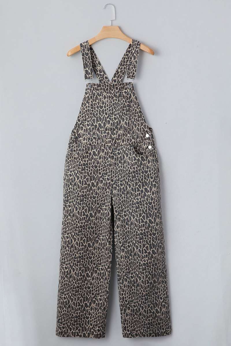 Brown  Leopard Print Straight Leg Loose Denim Overall Jumpsuit