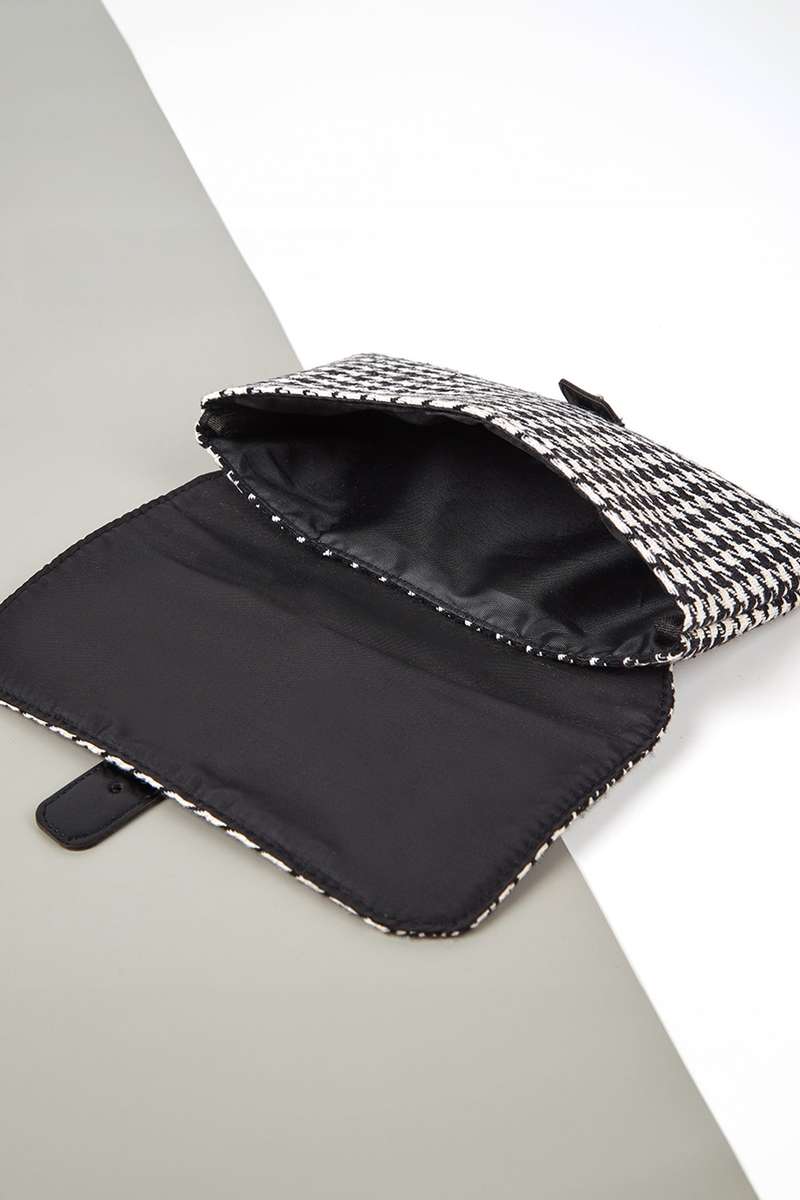 Black Houndstooth Print PU Leather Tab Patchwork Wallet Clutch Bag