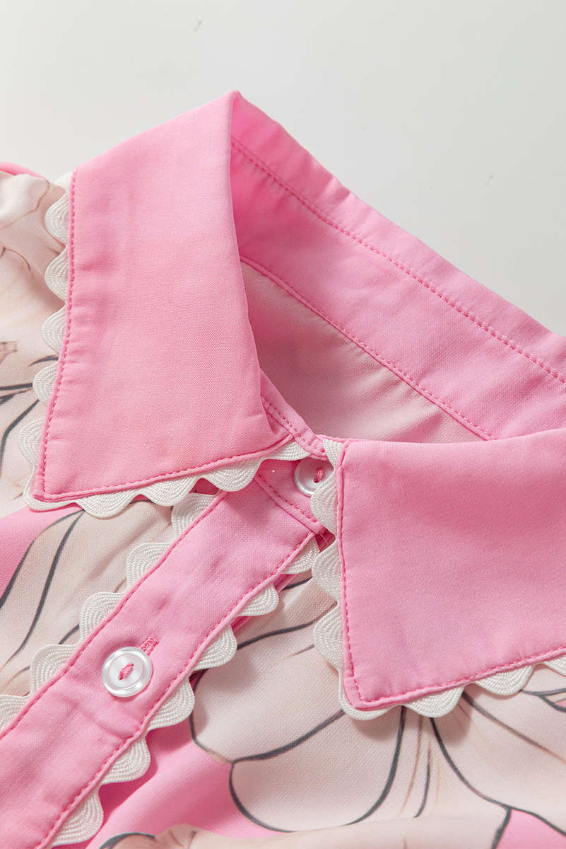 Rose Floral Ric Rac Edge Puff Sleeve Button Up Summer Shirt
