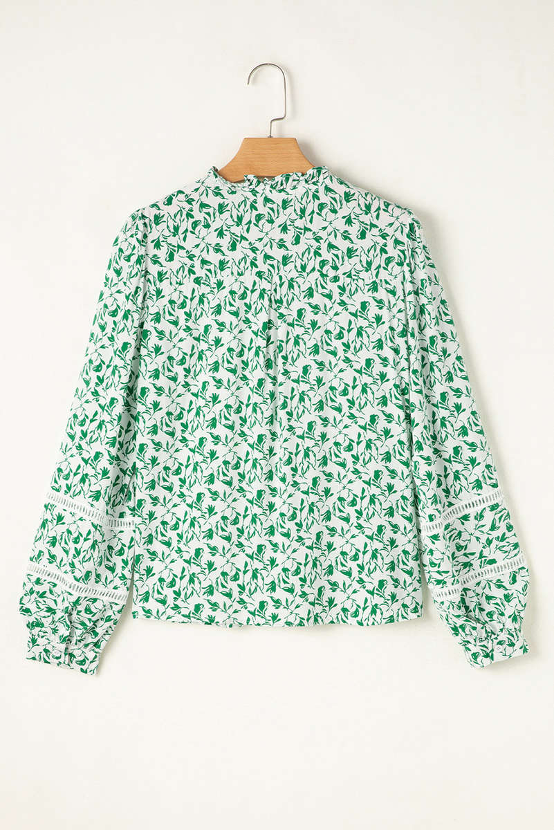 Green Printed Lace Detail Floral Puff Sleeve Fall Shirt
