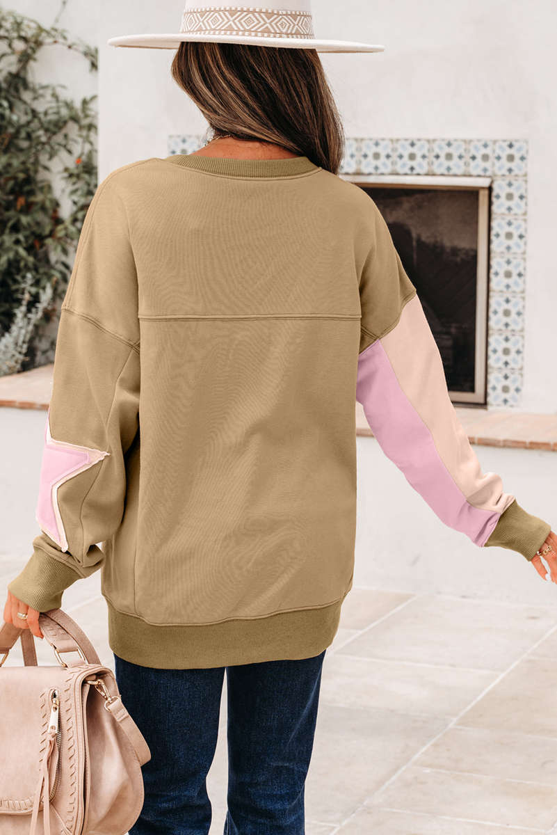 Sage Green Contrast Star Patchwork Exposed Seam Uneven Hem Drop Shoulder Sweatshirt