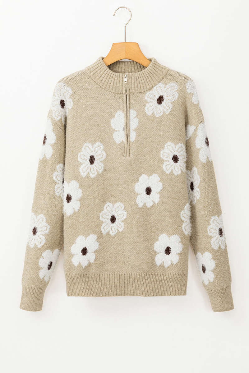 Khaki Floral Pattern Half Zip Drop Shoulder Sweater