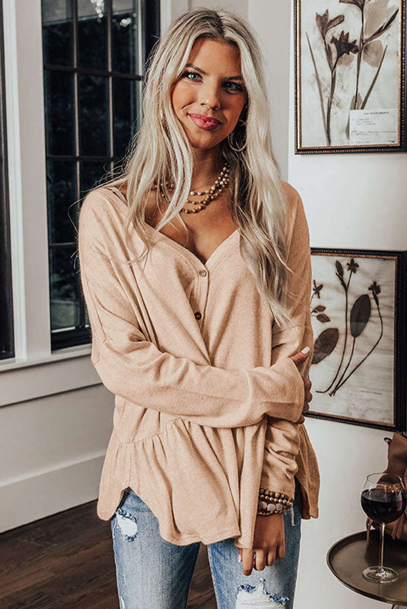 Jet Stream Ruffled V Neck Buttoned V Neck Shirt