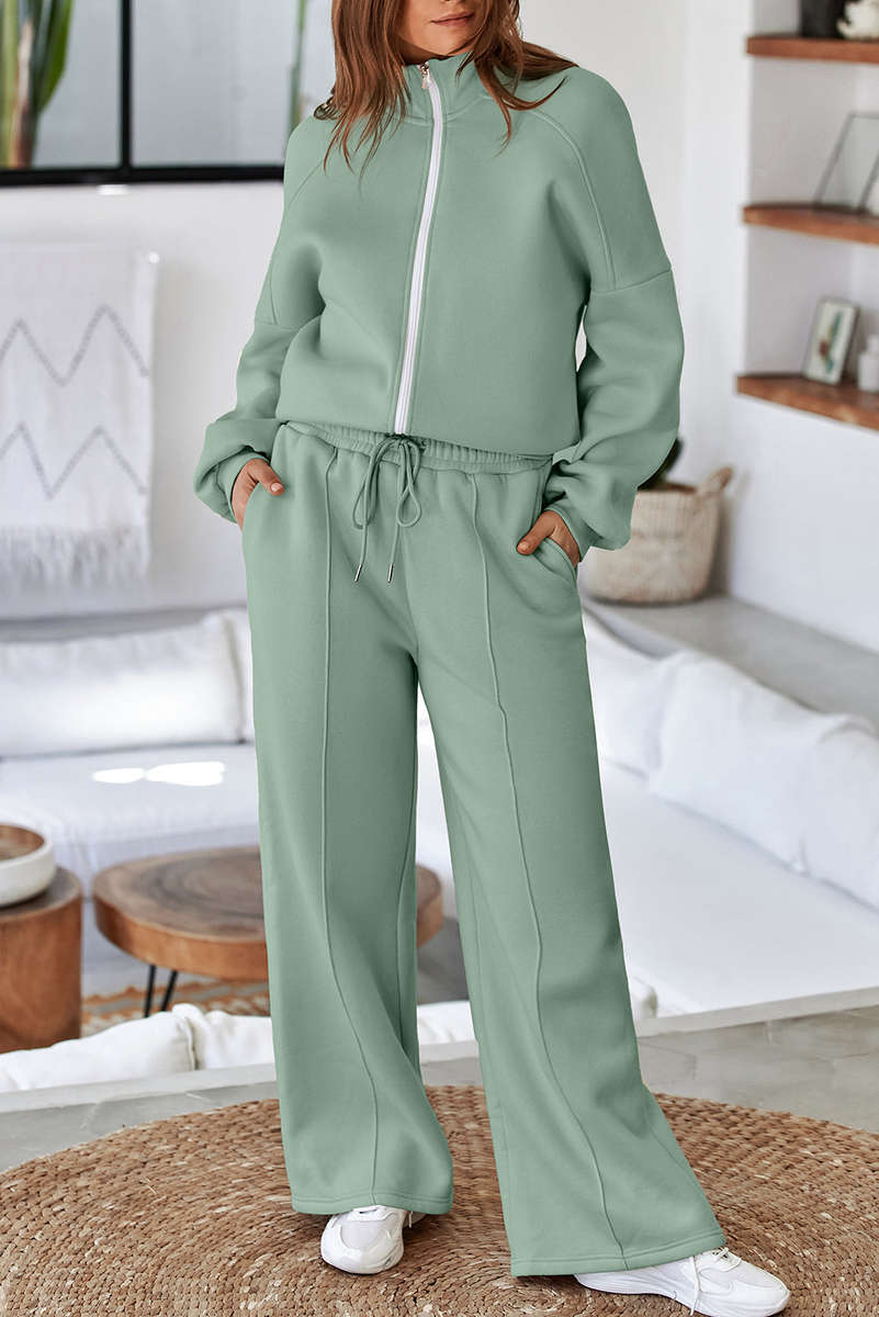 Clearly Aqua Drop Shoulder Zip Up Jacket Drawstring Pants Active 2pcs Set