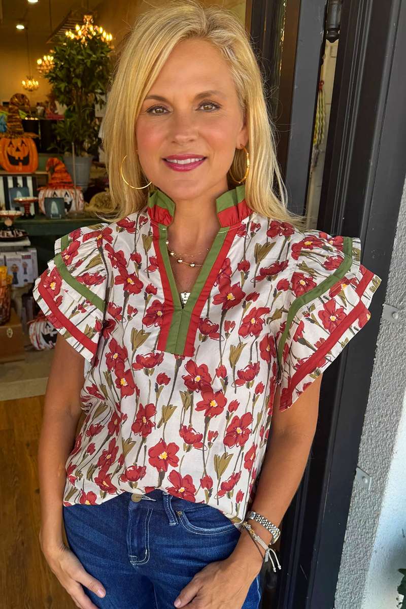 Red Floral Print Contrast Trim V Neck Double Ruffled Short Sleeve Blouse