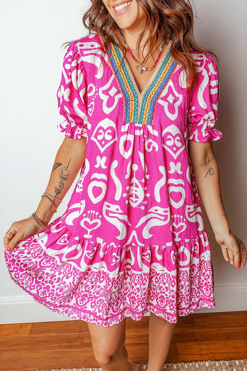 Rose Boho Mixed Print Contrast Trim V Neck Short Sleeve Flared Dress