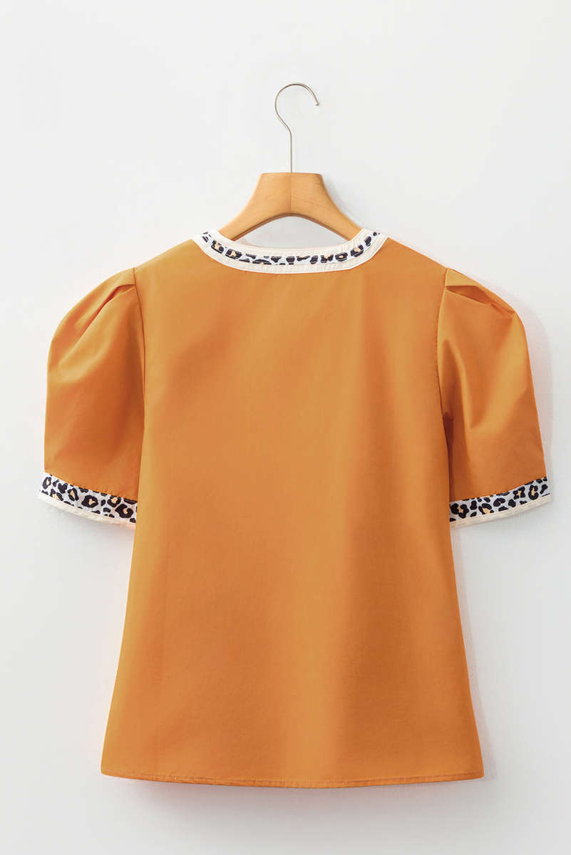 Buckskin Contrast Leopard Trim Split Neck Puff Sleeve Blouse
