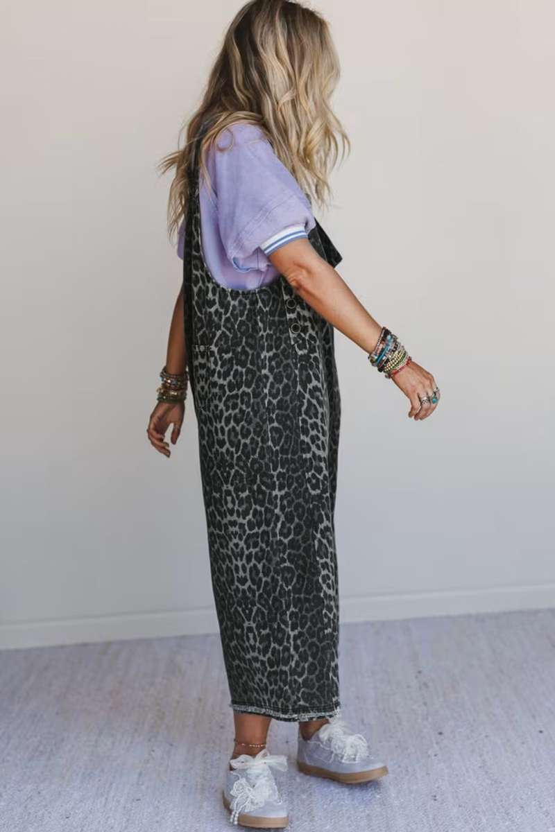 Gray Leopard Print Button Adjustable Straps Cropped Loose Denim Overalls