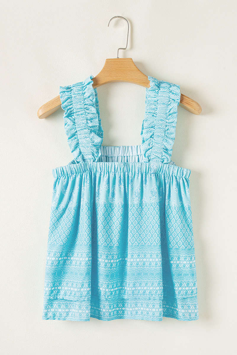 Sky Blue Tribal Pattern Print Ruffled Wide Straps Loose Tank Top
