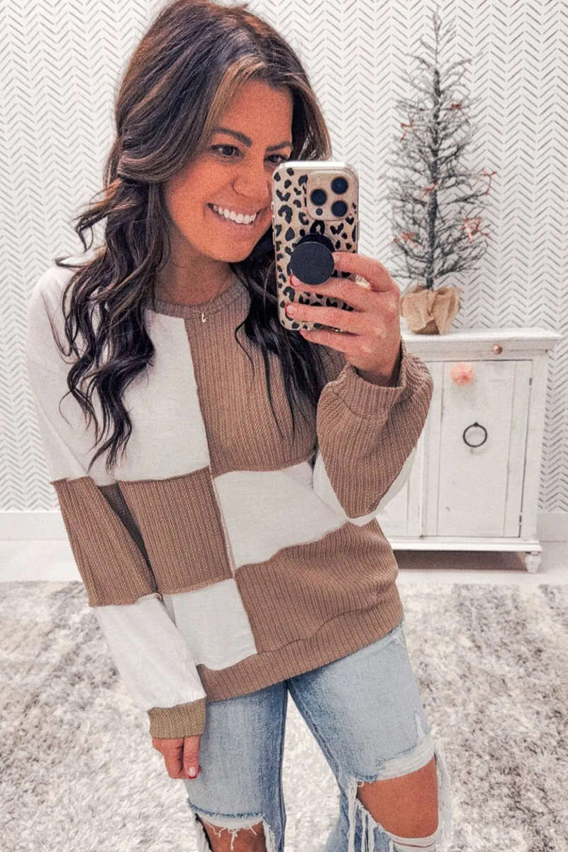 Dark Khaki Colorblock Checkered Raw Seamed Round Neck Knitted Jumper