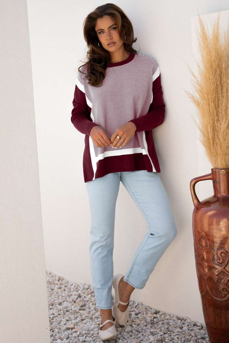 Red Stripe Color Block Patchwork Dolman Oversize Tunic Sweater