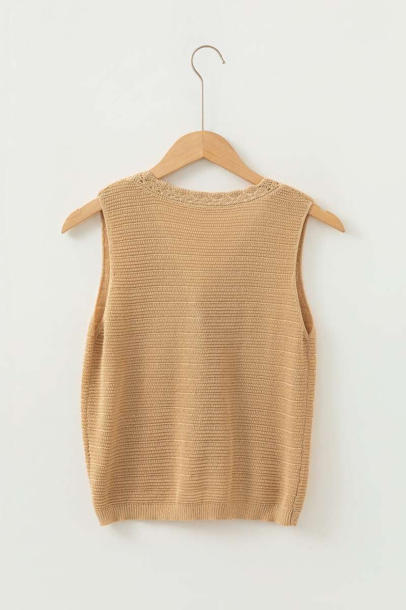 Pale Khaki Hollow out Trim Buttoned Front Boho Sweater Vest