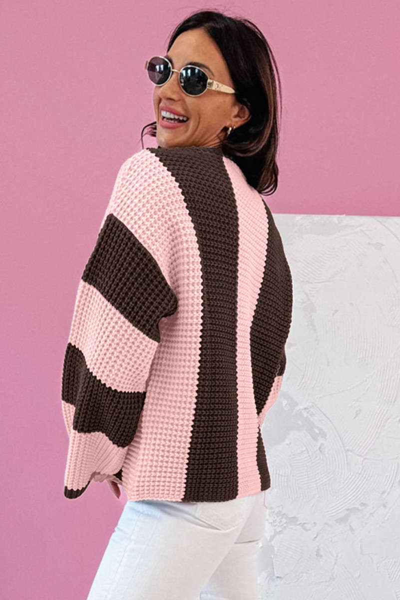 Fushia Striped Color Block Thermal Textured Knit Drop Shoulder Sweater