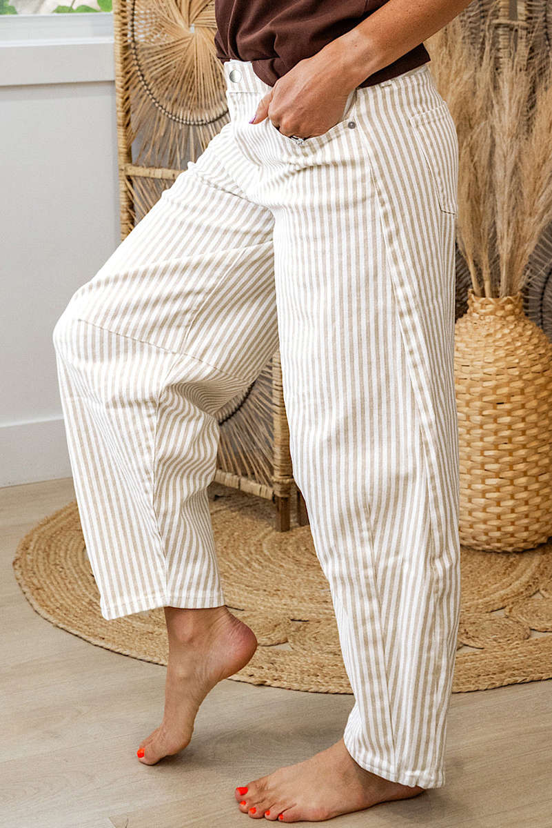 Khaki Stripe Casual Barrel Jeans