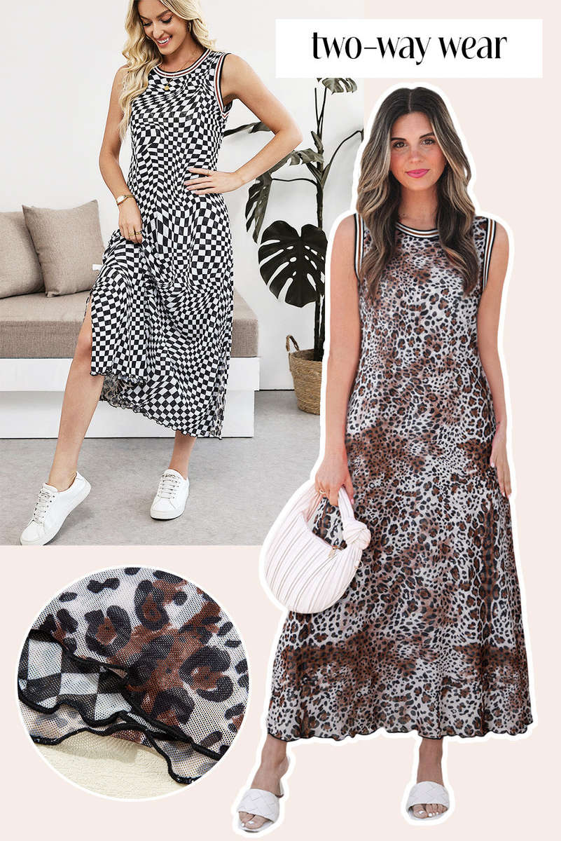 Multicolour Leopard Checkered Double Printed Reversible Sleeveless Long Dress