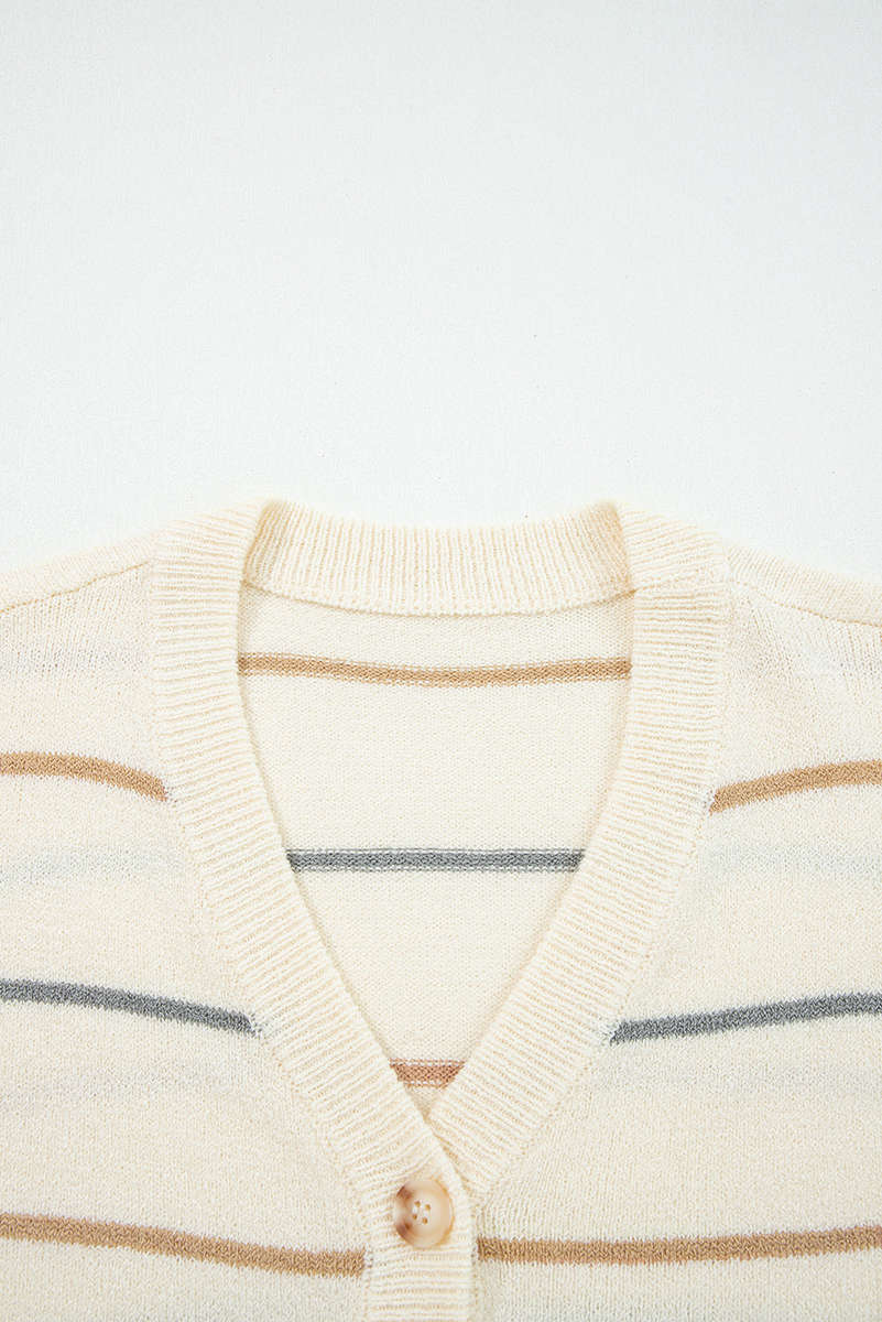 Multicolour Striped Buttoned Front V Neck Drop Shoulder Cardigan Sweater