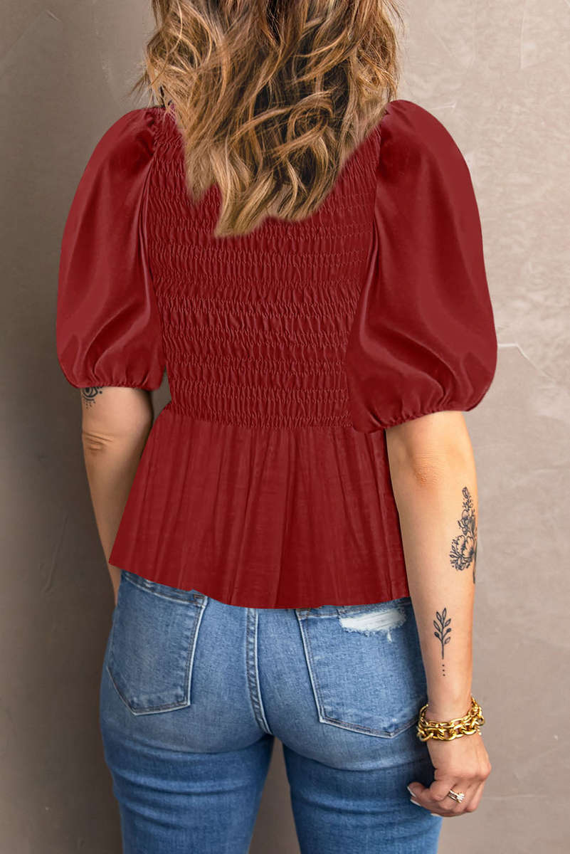 Fiery Red Puff Sleeve Smocked Top
