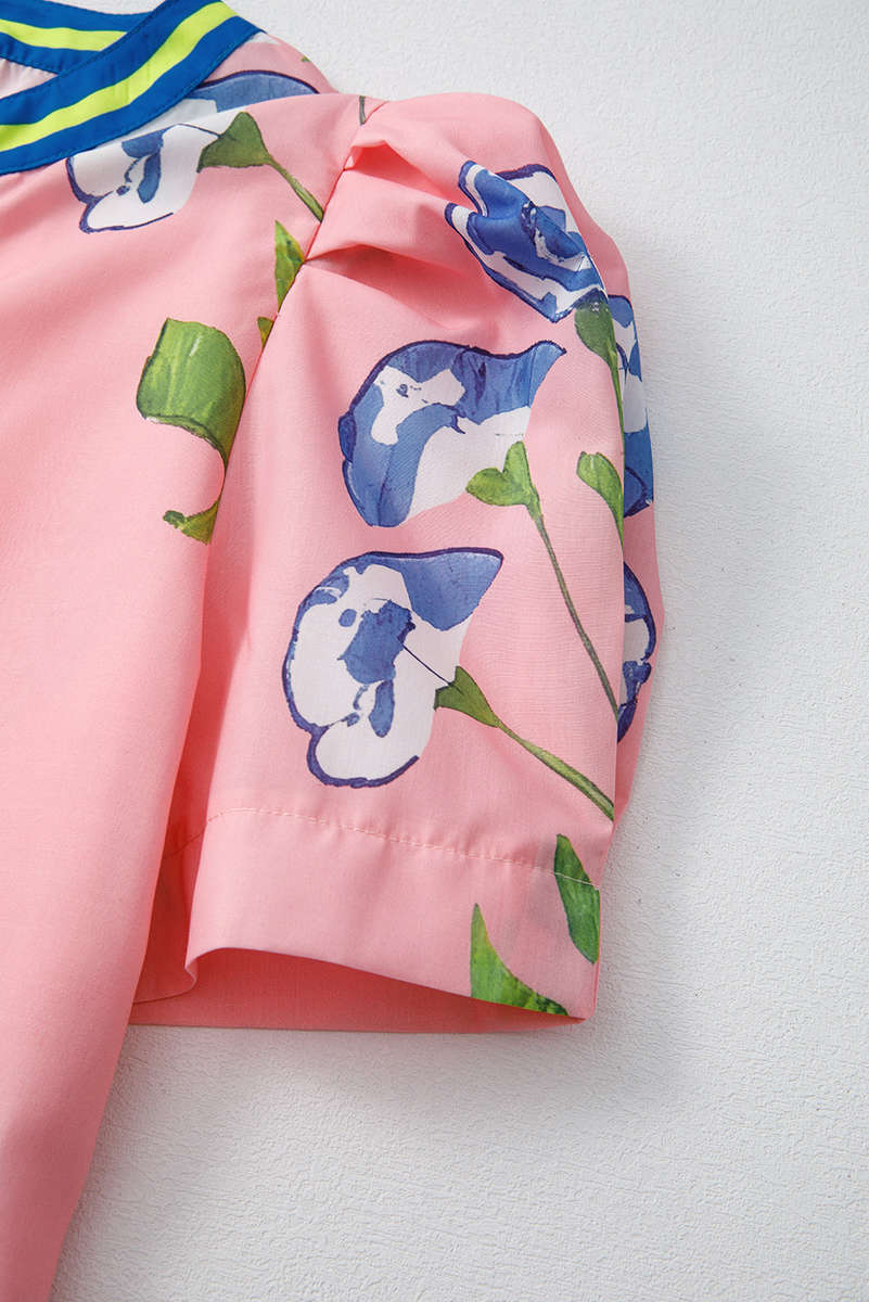 Pink Floral Print Striped Notched V Neck Bubble Sleeve Blouse