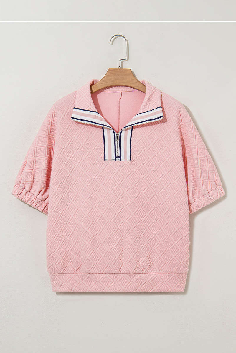 Light Pink Contrast Striped Collar Patchwork Textured Half Sleeve Blouse