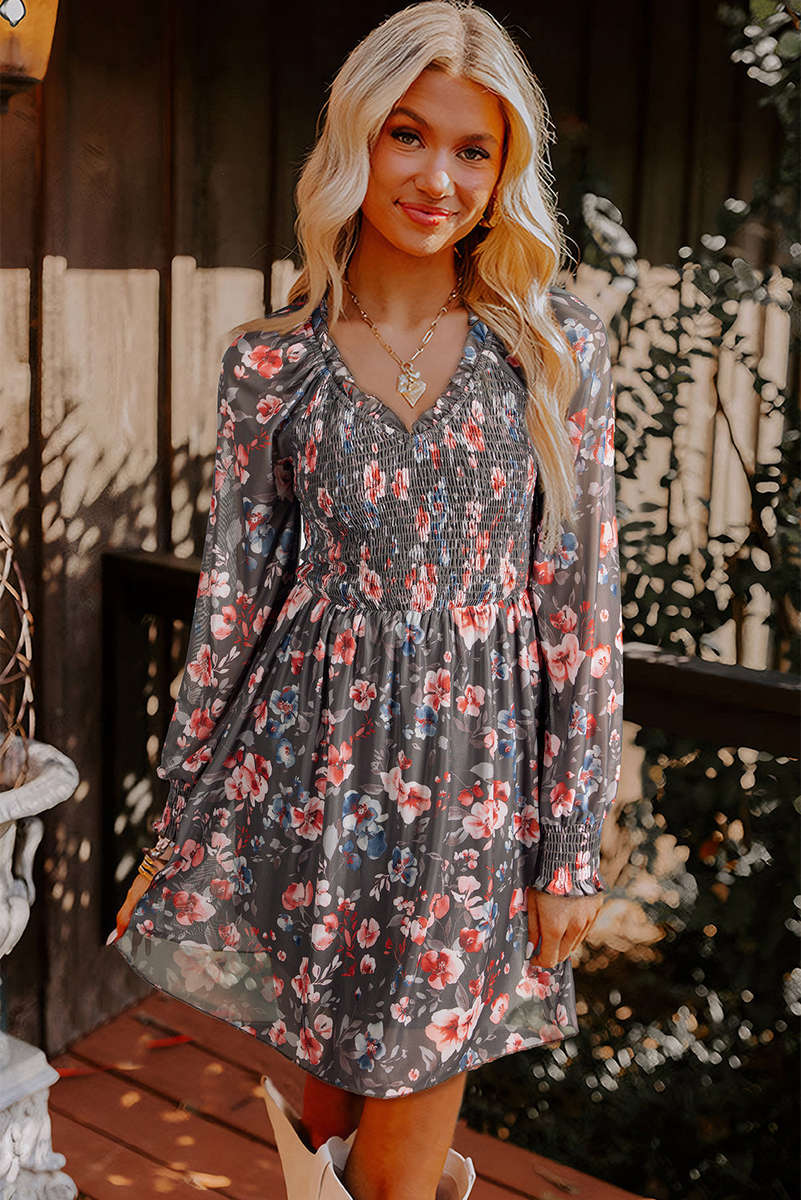Brown Frilly Smocked Bodice Floral Mesh Long Sleeve Mini Dress