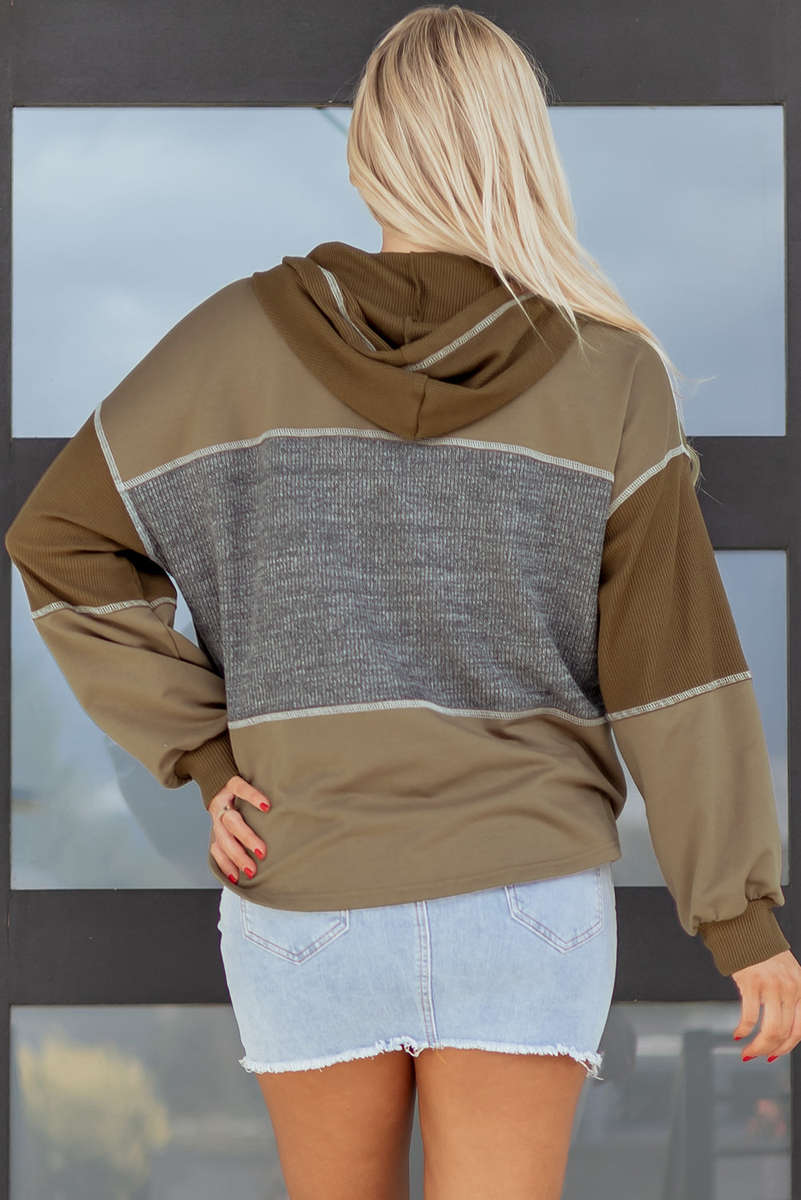 Jungle Green Mixed Texture Patchwork Exposed Seam Half Button Pullover Hooded Sweatshirt