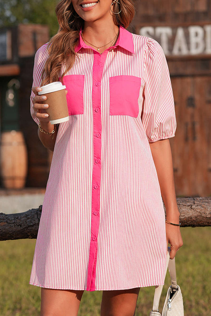 Rose Stripe Color Block Patchwork Shirt Collar Button Down Puff Sleeve Mini Dress