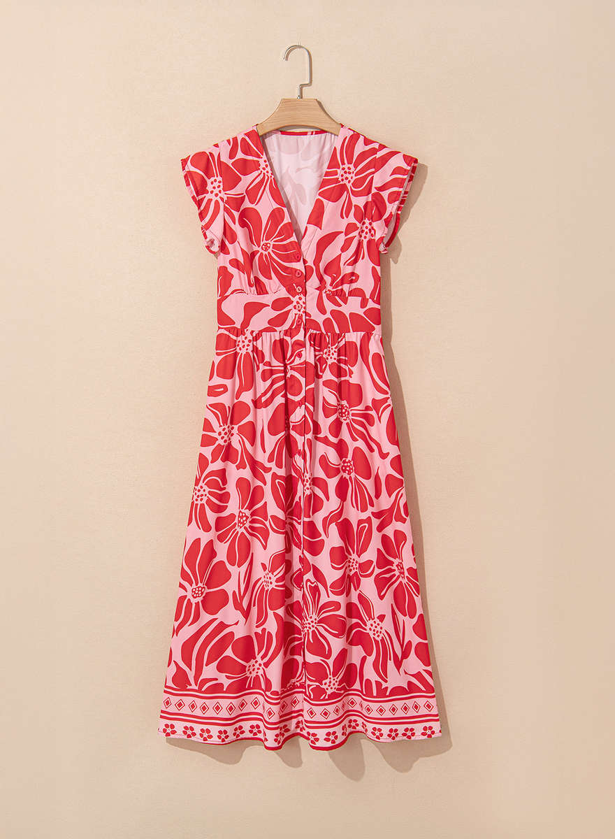 Red Boho Floral Short Sleeve V Neck Buttoned Shirred Waist Long Dress