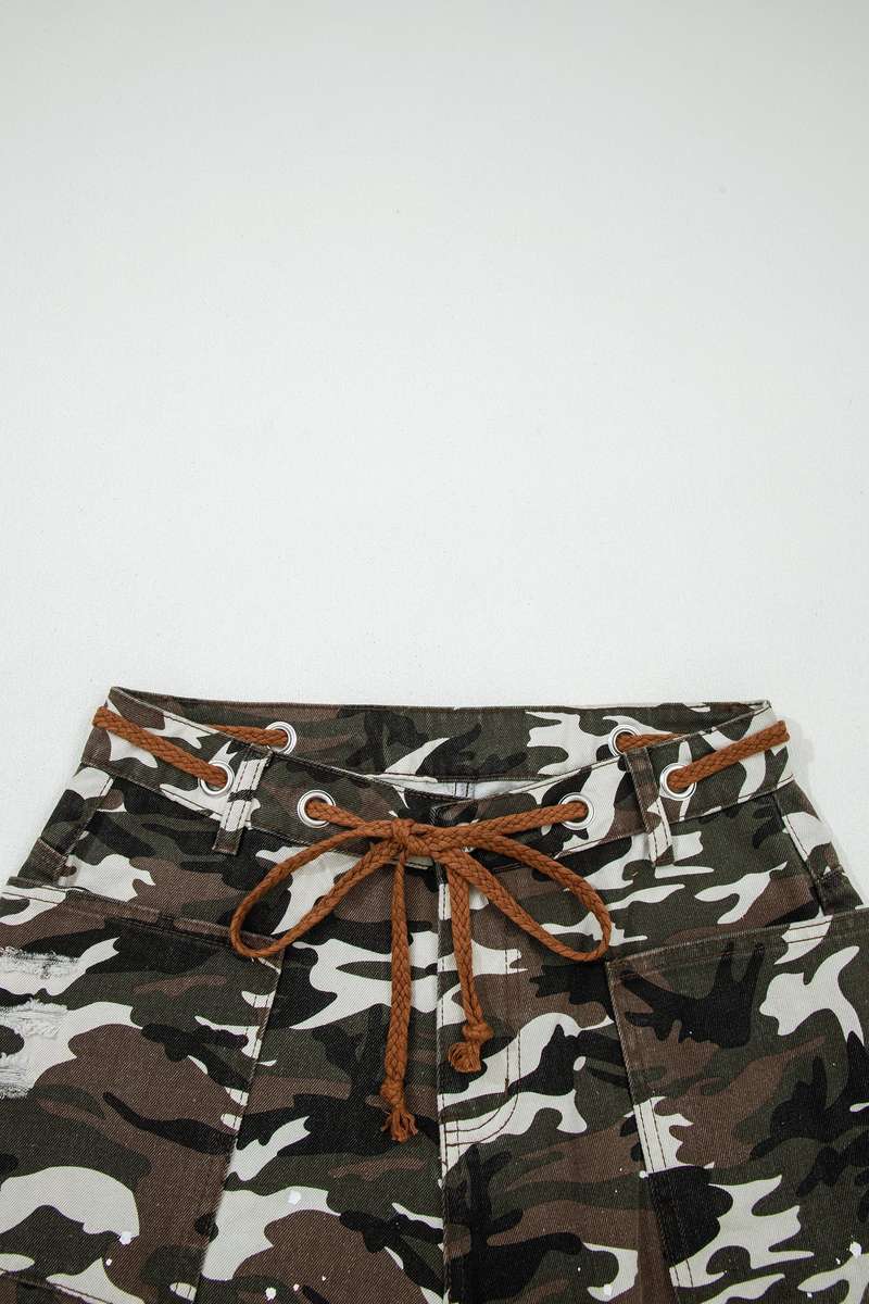 Green Camouflage Print Splashed Distressed Loose Denim Pants
