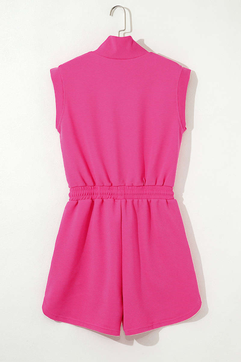 Rose Red Textured Short Sleeve Half Zip Drawstring Elastic Waistband Romper