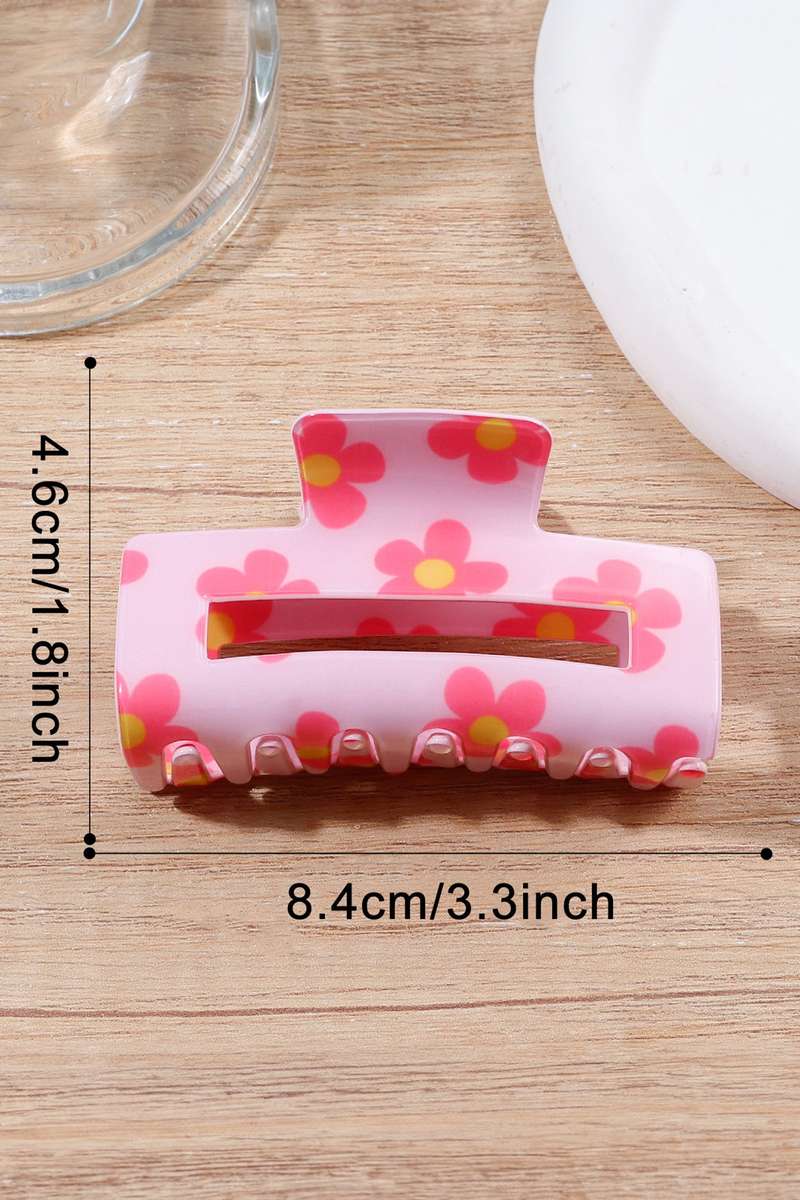 Pink Dainty Flower Printed Rectangular Hollowed Hair Claw Clip