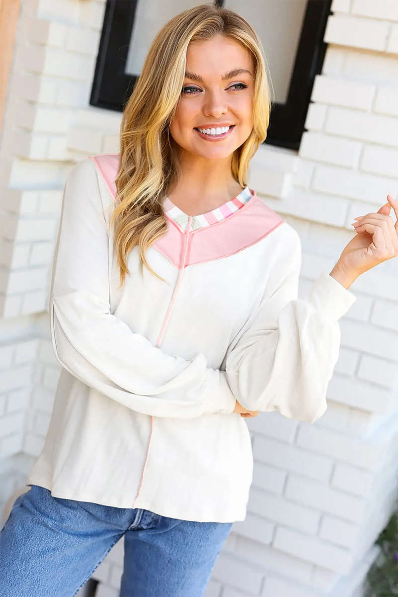 White Exposed Seam Rainbow Stripe Color Block V Neck Loose Long Sleeve Top